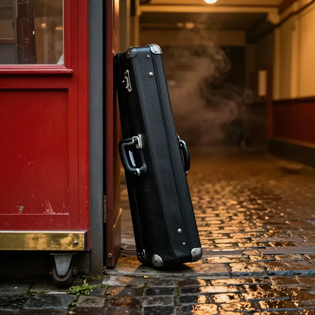 Theater-Eingang mit Instrumentenkoffer im warmen Licht auf nassen Steinen.