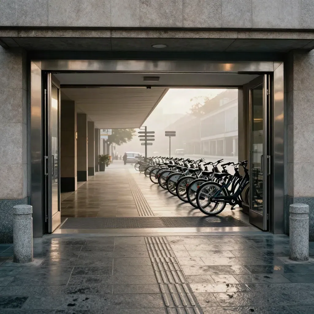 Eingang eines Bürgeramts mit Fahrrädern und Morgenlicht unter steinerner Überdachung