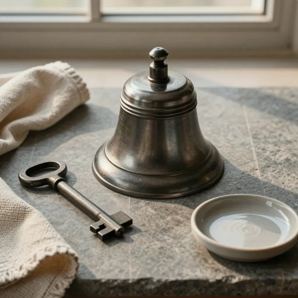 Tram-Bell, Schlüsseln und Tuch auf Stein für Verkehr in Leipzig