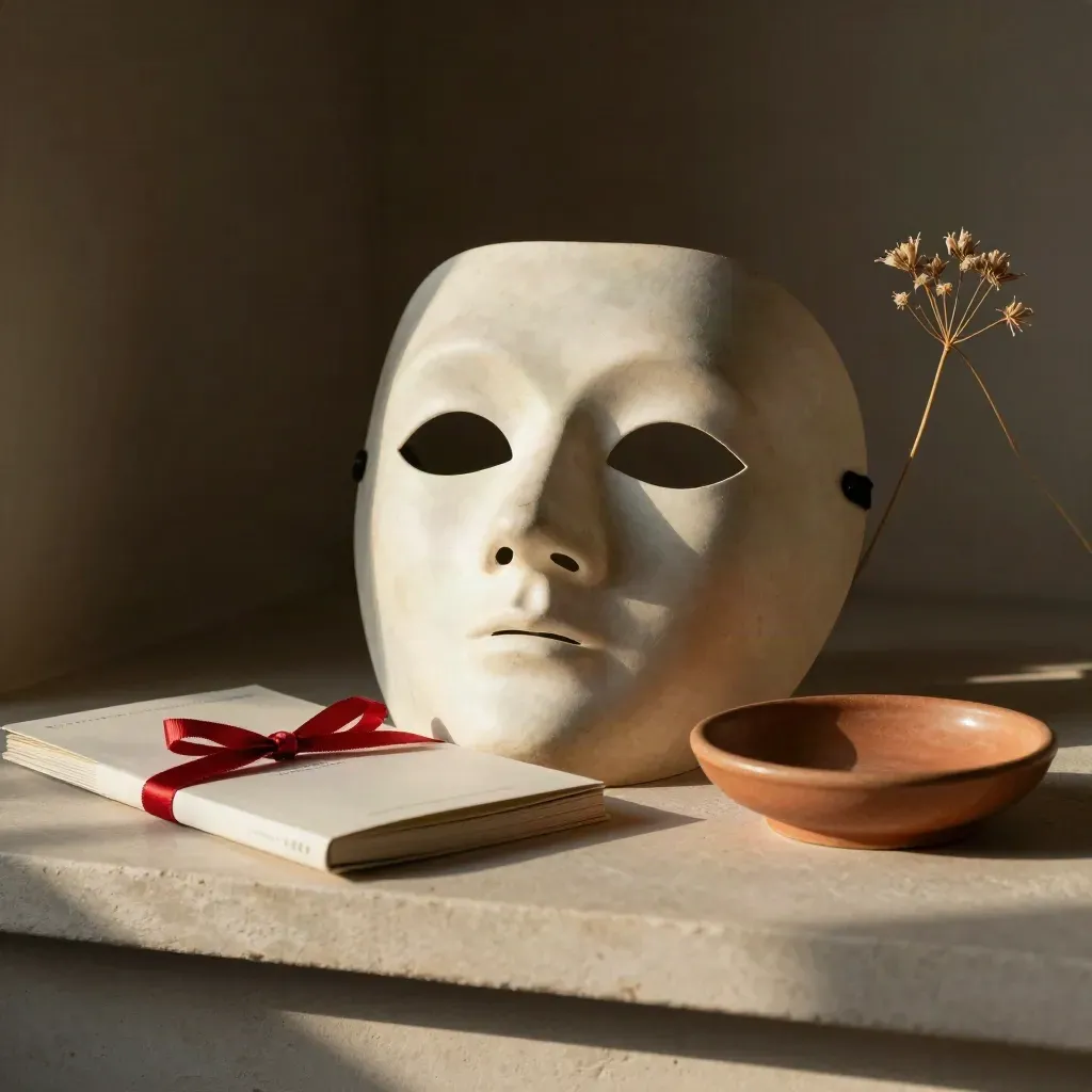 Matte Theatermaske mit Programm, Schale und Trockenstiel auf hellem Regal.