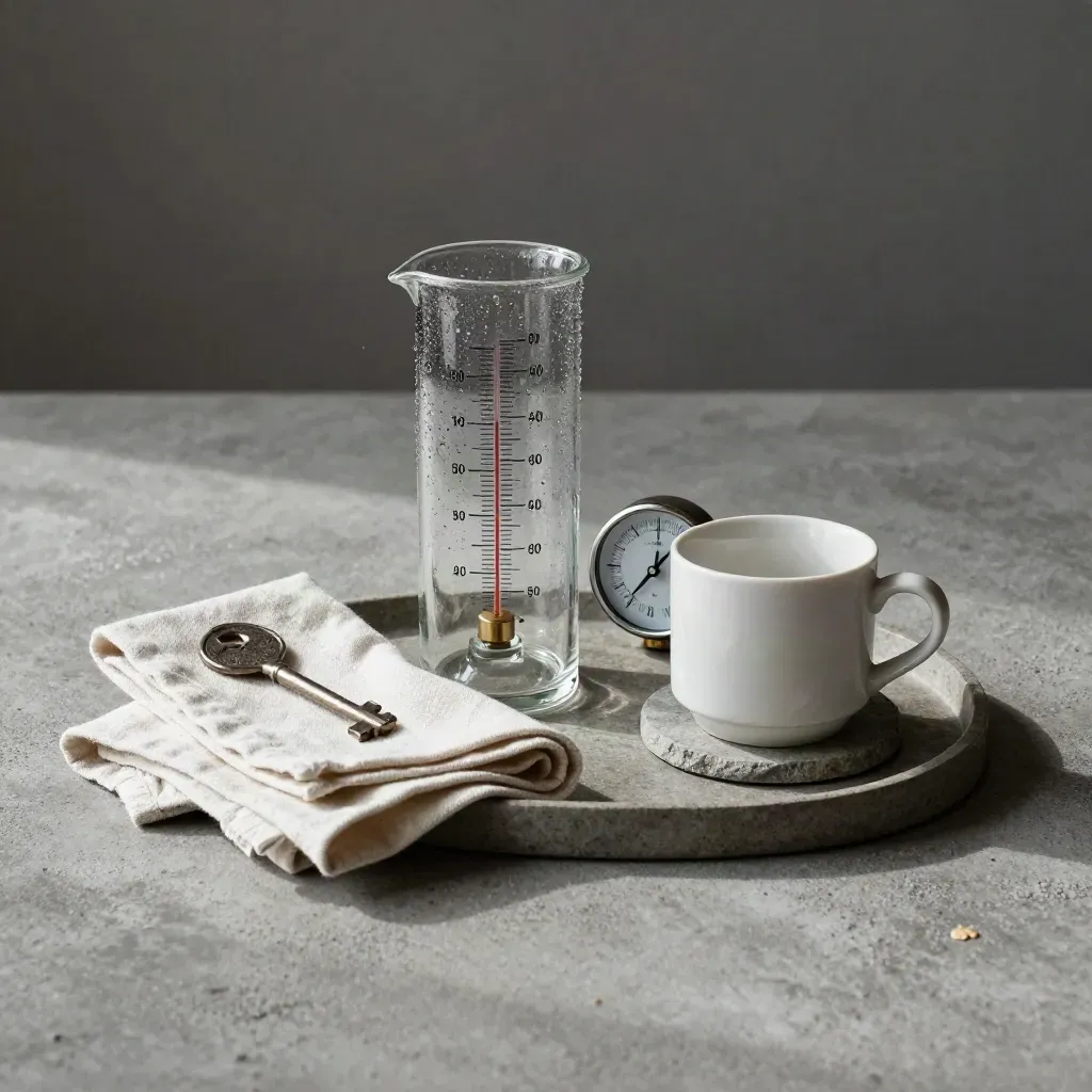 Wetter-Stillleben mit Regenmesser, Barometer, Tuch und Becher auf Steinplatte.