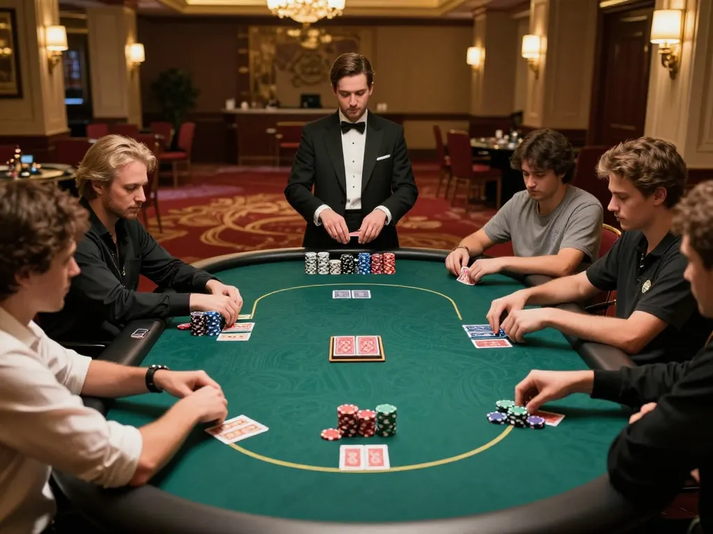 Players immersed in a strategic game at HELLO88 casino poker table, chips and cards in focus.