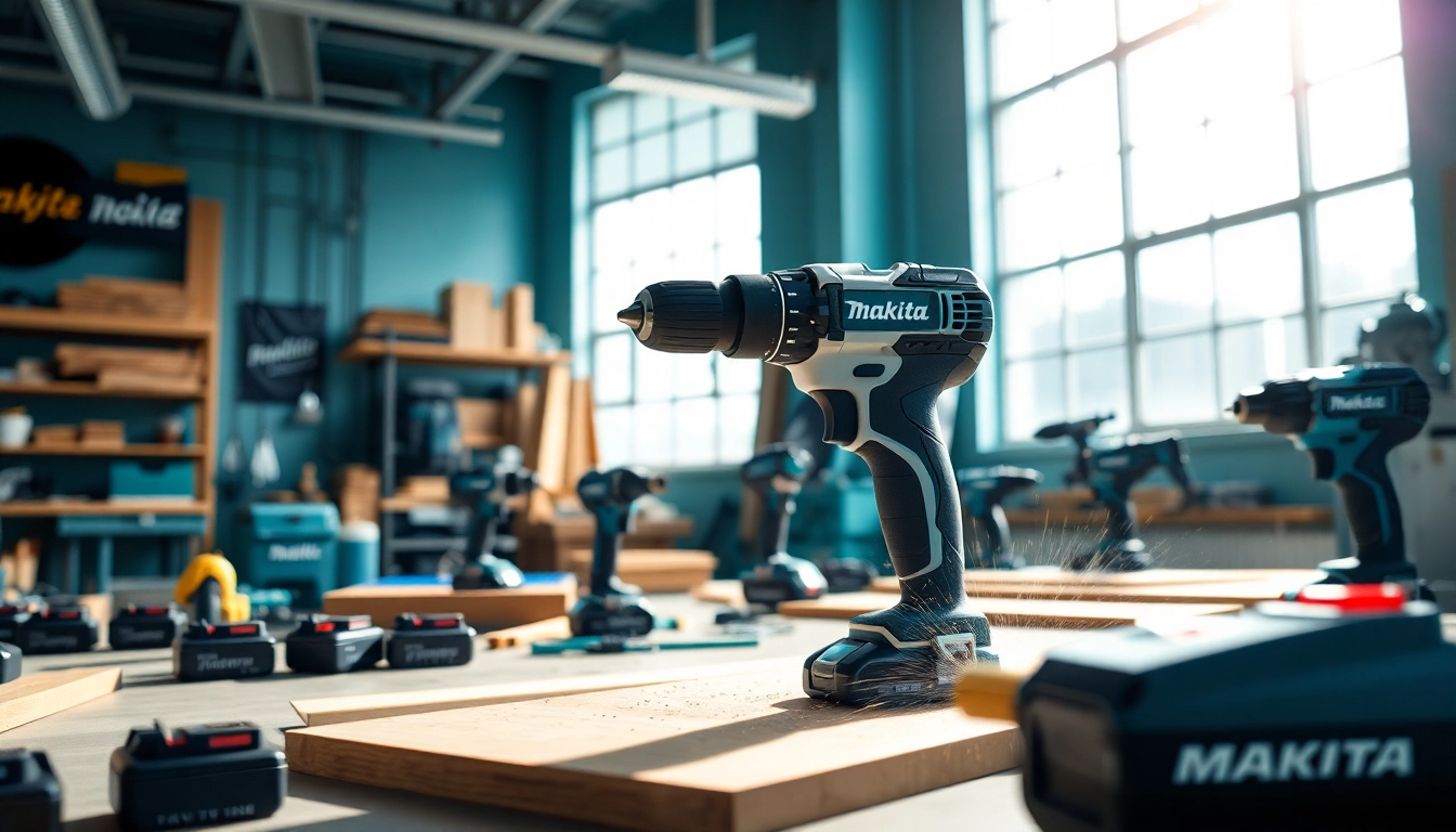 Makita Elektrowerkzeuge in einer produktiven Werkstatt-Szene mit Werkzeugen im Einsatz hervorheben.
