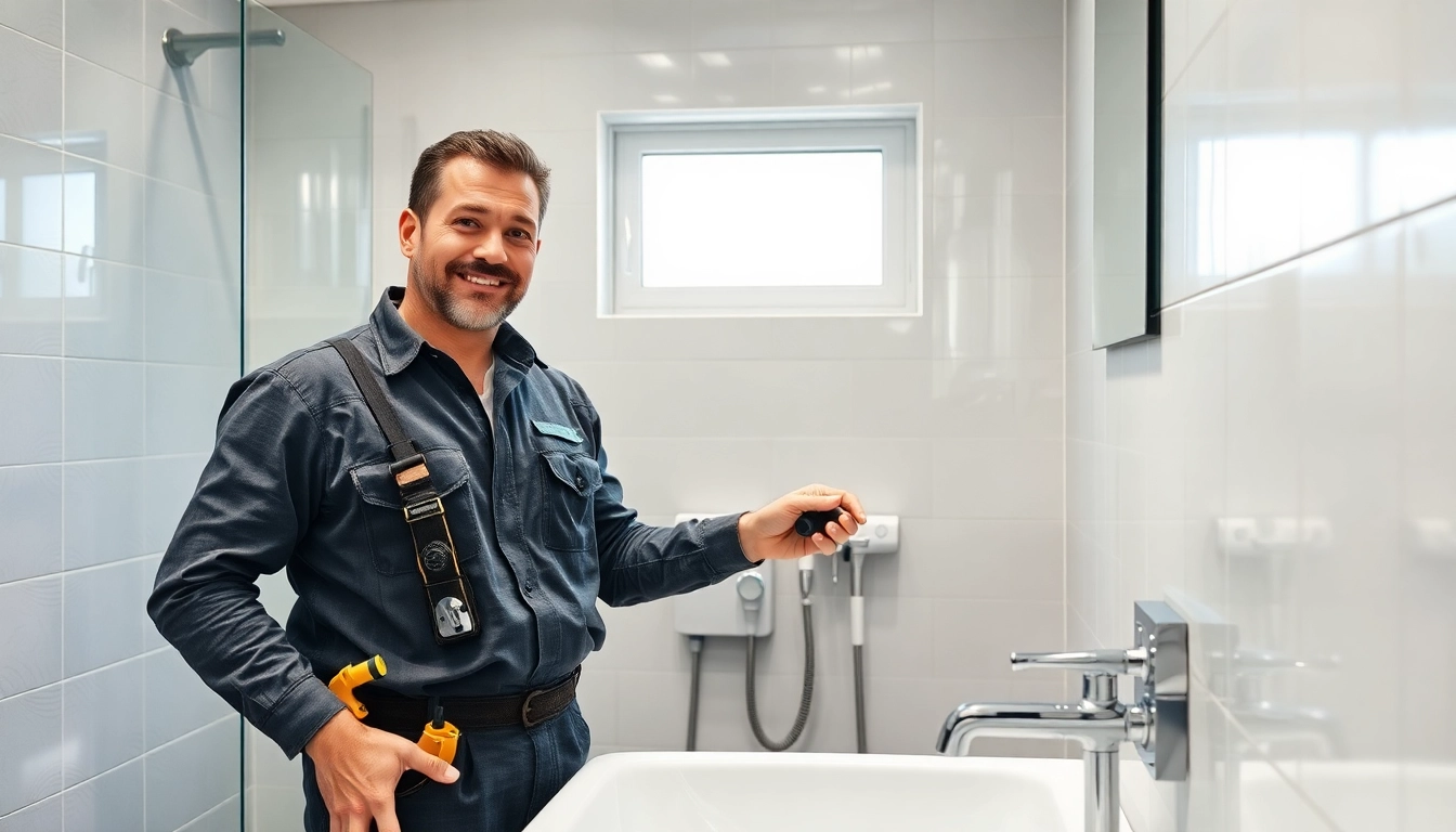 Effizienter Installateur Notdienst repariert ein Waschbecken in einem modernen Badezimmer.