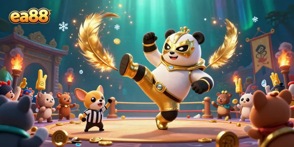 Experience thrilling action with ea88 as a panda wrestler makes a daring kick in a vibrant casino arena.