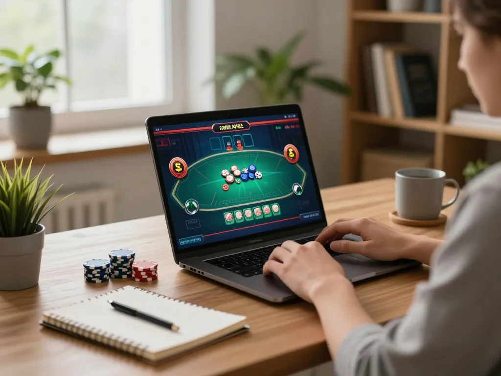 Playing online casino poker at home with fun79 platform on laptop, showcasing gaming strategy.