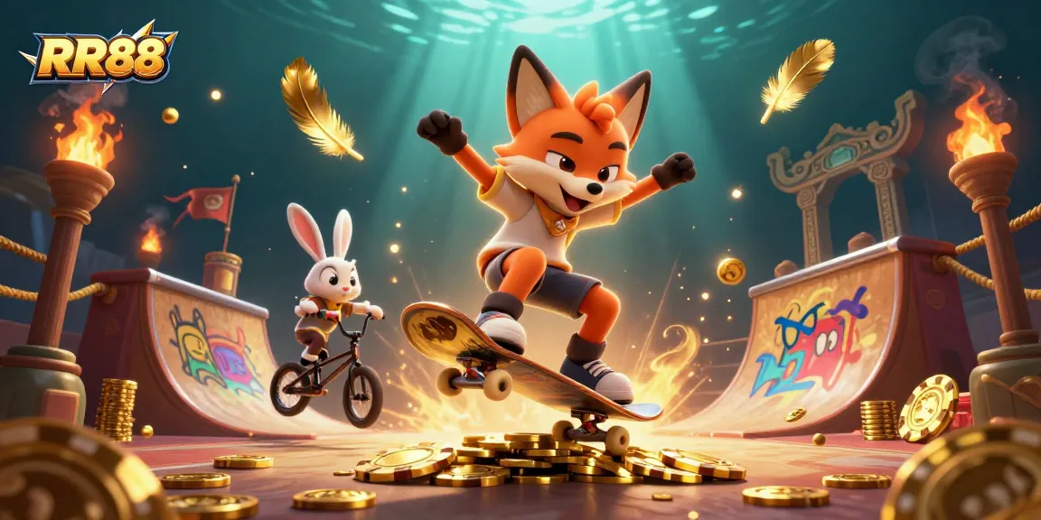 Experience thrilling action at RR88 with a skateboard fox and BMX rabbit amidst golden poker chips and casino vibes.