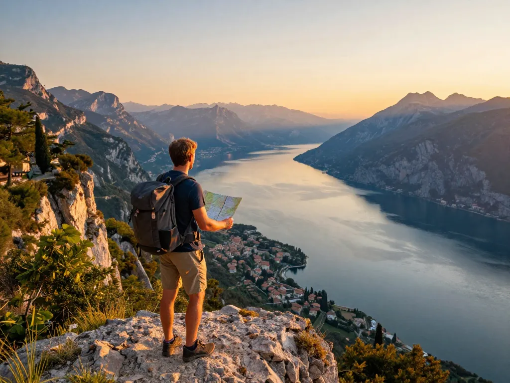 Erforschung der Gardasee Reisetipps bei Sonnenuntergang, mit atemberaubendem Blick auf die Berge und den See.