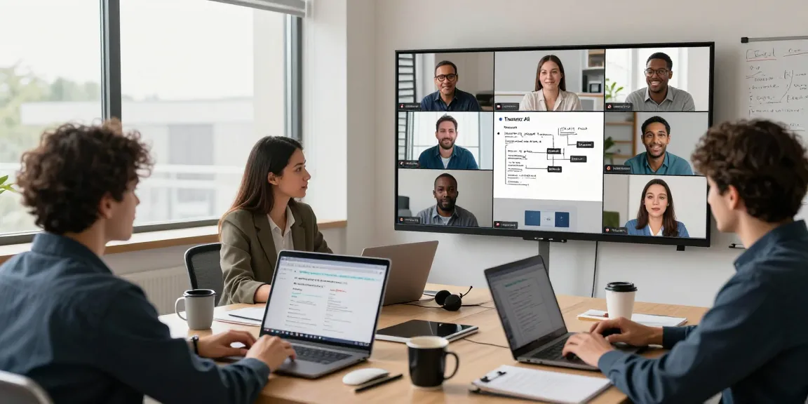 Professionelles Online-Meeting mit KI Übersetzung in Echtzeit, Teilnehmer nutzen Transync AI für fließende Kommunikation.