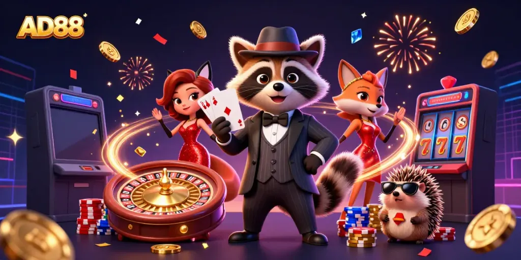 Immerse in AD88's vibrant casino scene with a suave raccoon and fox at play.