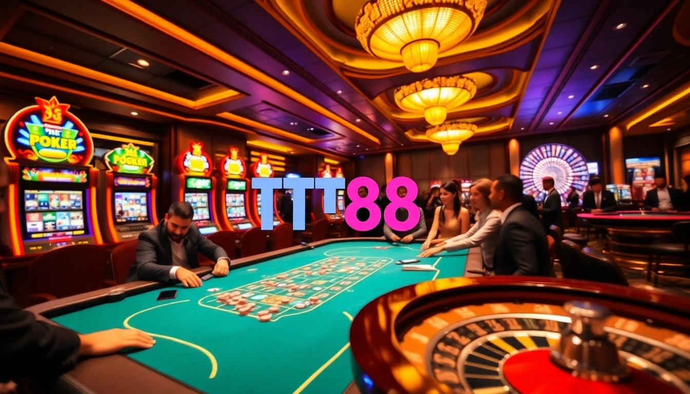 Experience thrilling gameplay with TT88 logo glittering on poker chips in a luxurious casino.