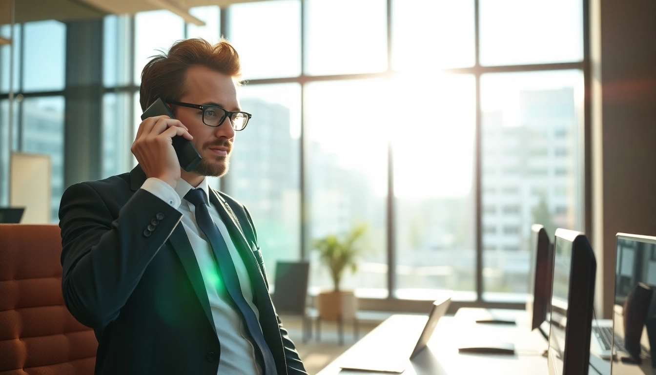 Headhunter in einem hellen Büro, engagiert in einem Telefonat mit Kandidaten.