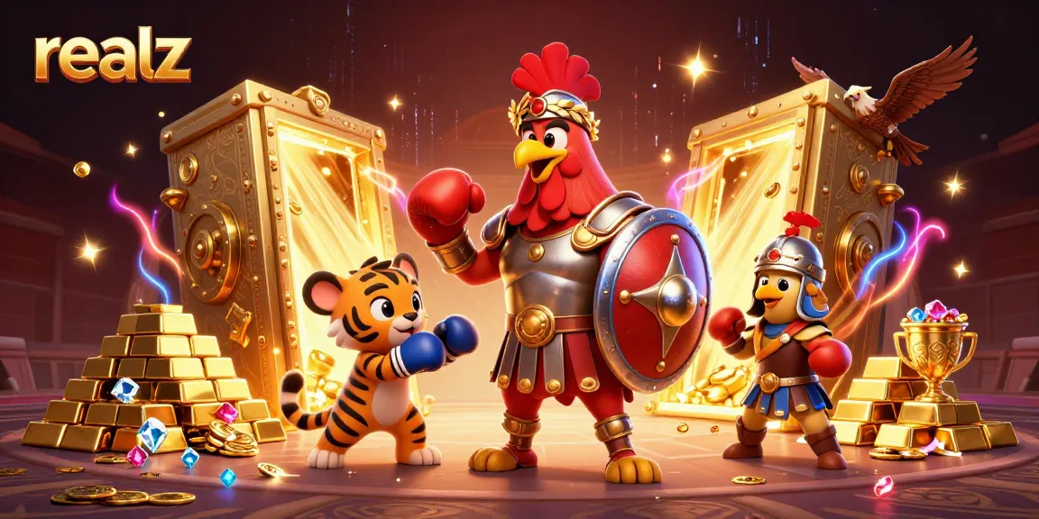 Experience the thrilling action at realz casino with a vivid illustration featuring a gladiator rooster, a tiger cub, and an eagle.