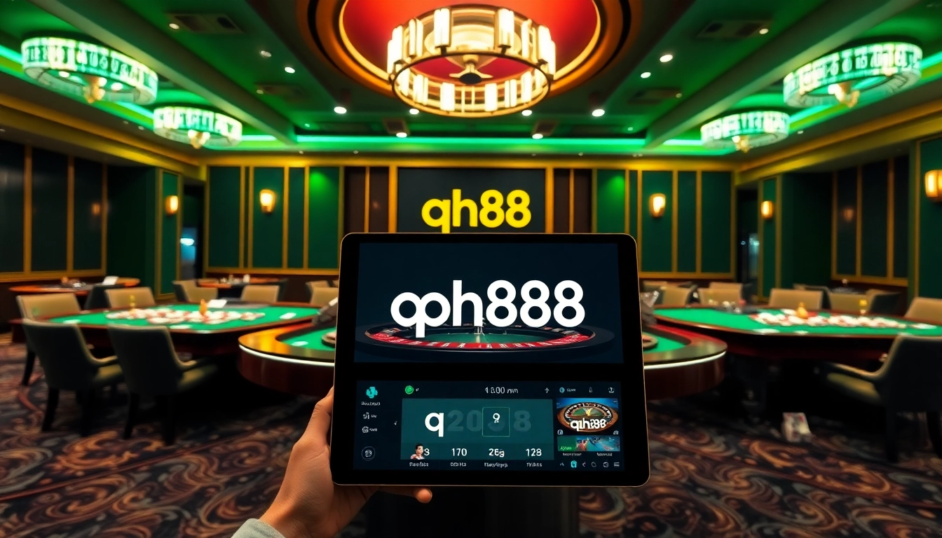 High-stakes gambling at qh88 casino, featuring poker chips, cards, and a roulette wheel in a luxurious setting.