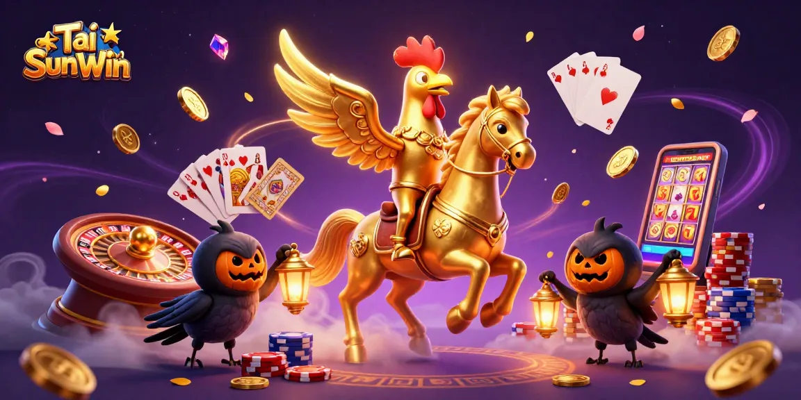 Tải SunWin shines at the casino with a golden rooster and mystical elements, capturing a thrilling gaming experience.