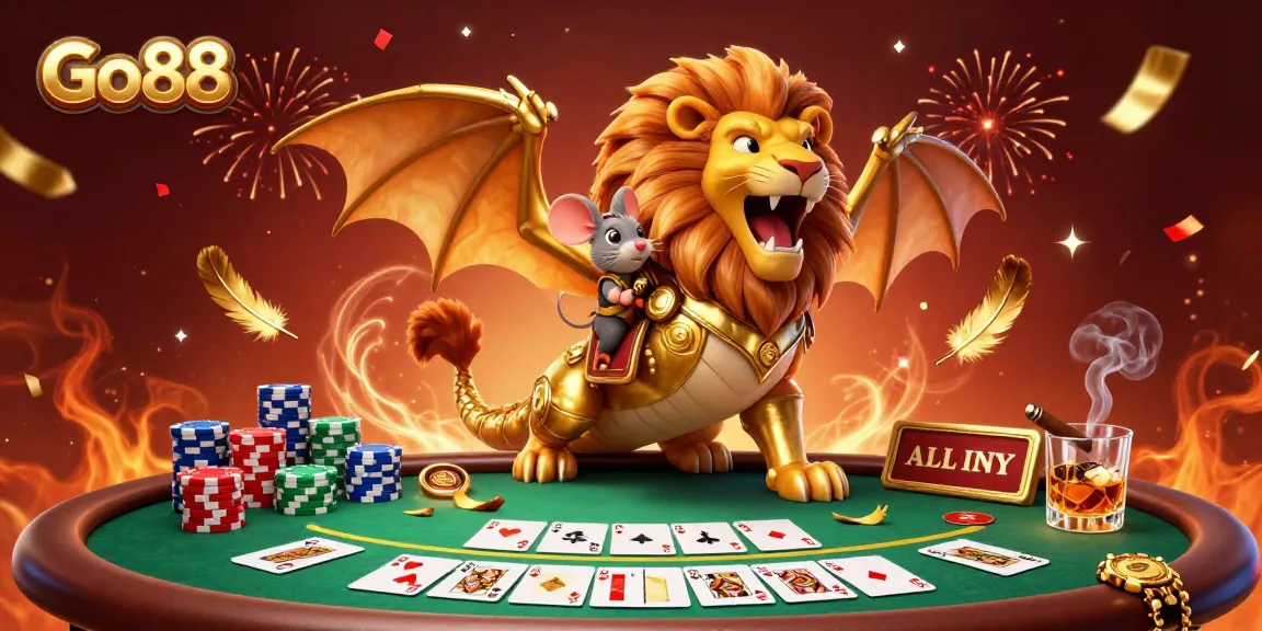 Engage with Go88 in a vibrant casino scene showcasing a roaring chimera creature and poker elements amidst dynamic celebrations.