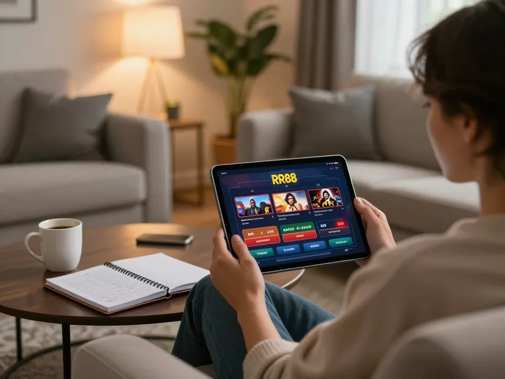 Person enjoying strategic gameplay on the RR88 casino app in a cozy living room setting.