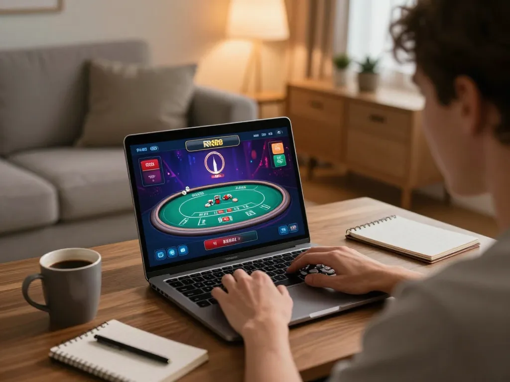 Player enjoying live dealer games on RR88 while managing strategy notes in a cozy home setting.
