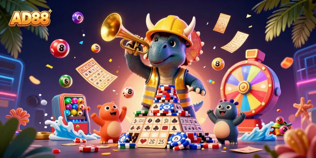 Join the celebration at AD88 with a triceratops and parasaurolophus in a vibrant casino scene.