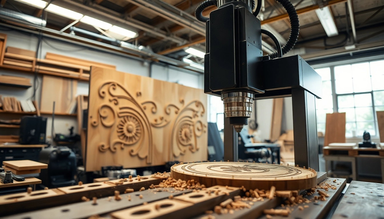 Aktive cnc fräsen Maschine bearbeitet Holz mit präzisen Schnitten in einer Werkstatt.