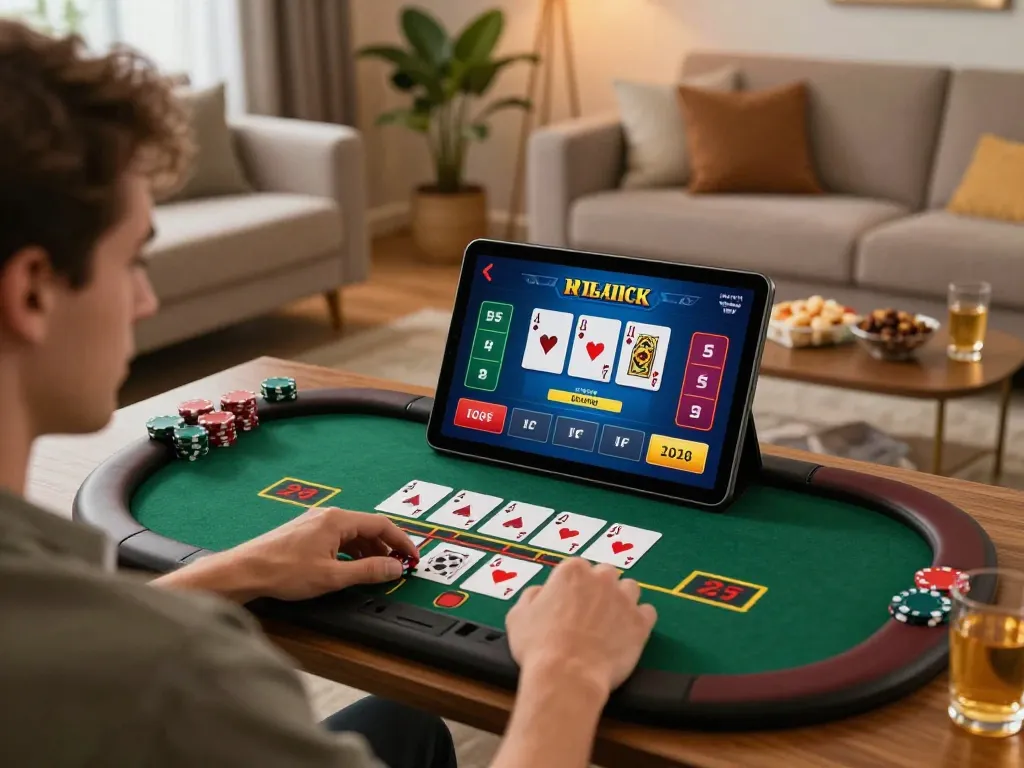 Ace96au player enjoying live blackjack game on tablet in a cozy living room.