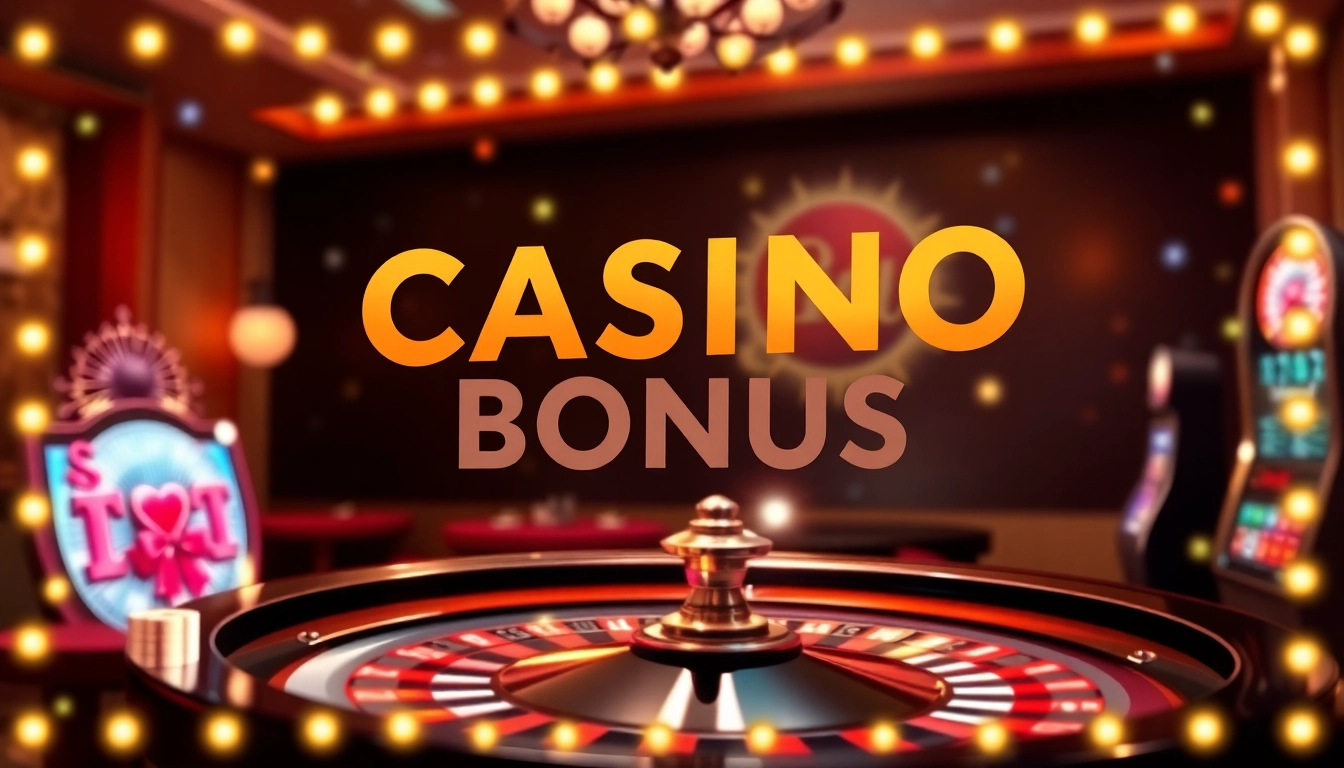 Informative Darstellung zum Casino Bonus mit bunten Slot-Symbolen und attraktiven Spielautomaten zur Förderung von Benutzerinteresse.