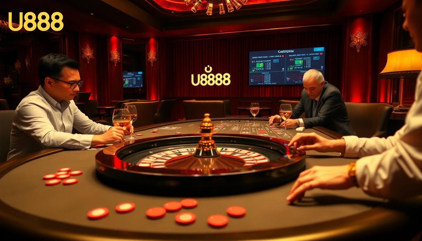 Experience the thrill of U888 casino with players enjoying high-stakes poker at an elegant table.