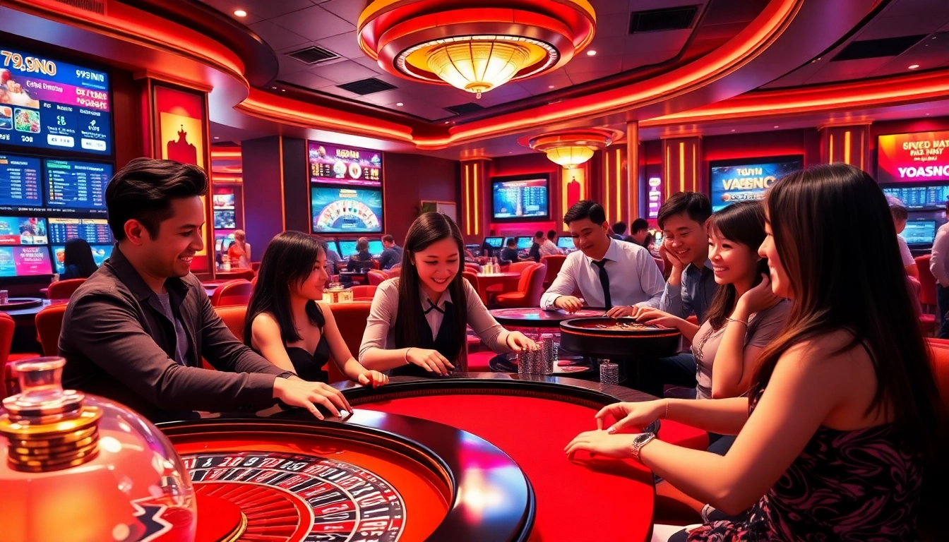 Experience the thrilling atmosphere of 69vn.day's modern casino with diverse players engaged in exciting games.
