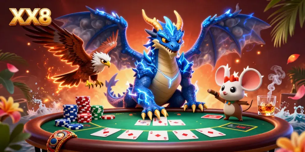 Engage with the thrilling atmosphere of XX8's casino world, featuring dynamic gaming elements and vibrant characters.