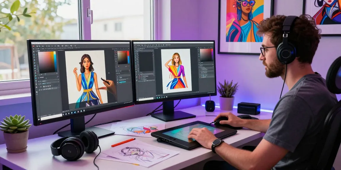 Creative digital artist using an nsfw ai generator in a modern studio with dual screens and vibrant artworks.