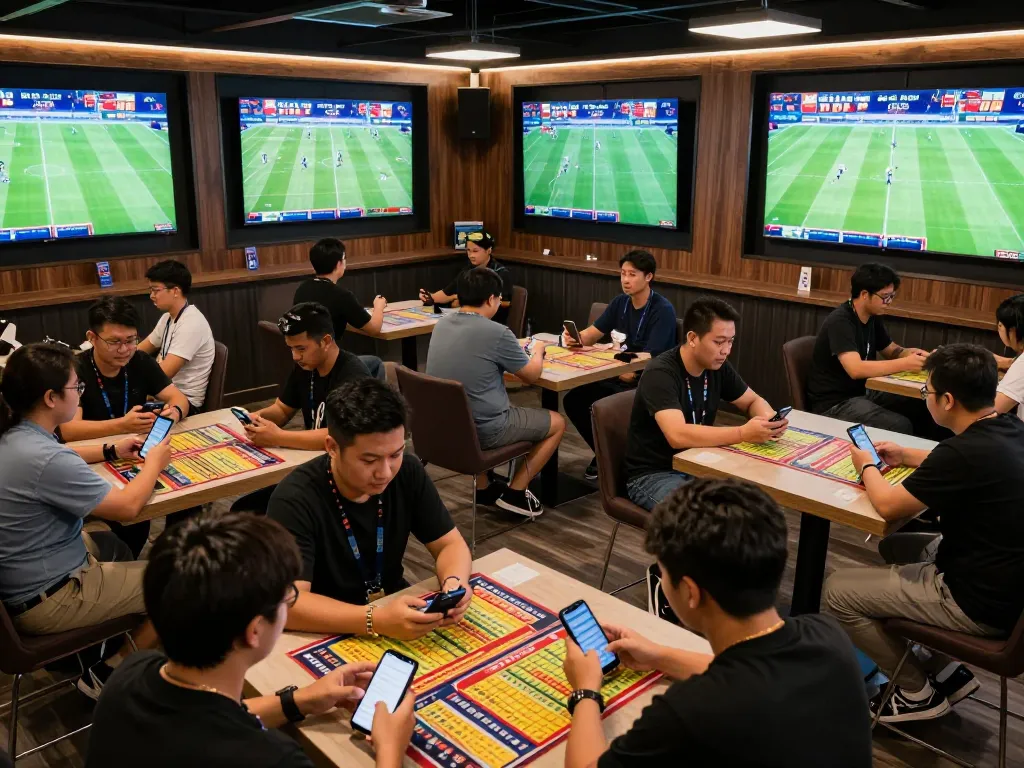 Engaged bettors cheering on ไฮไลท์ฟุตบอล 7m at a modern sports betting lounge with live games