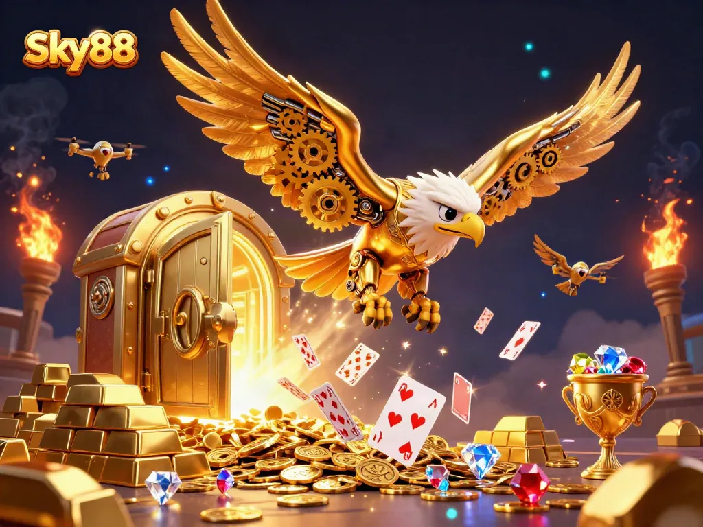 Experience Sky88's electrifying gaming world with a golden eagle soaring through vibrant casino elements.
