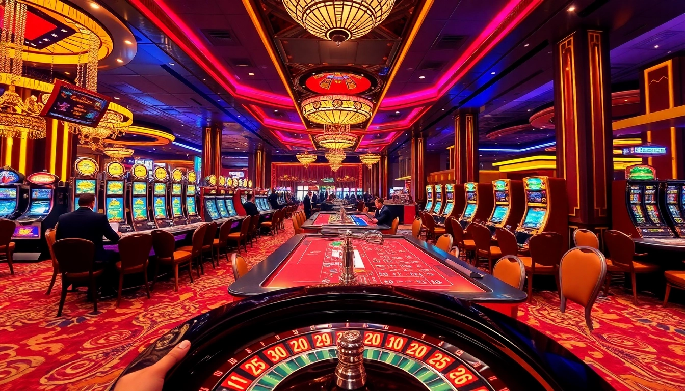 Gamblers enjoying an upscale gaming experience at nhà cái fun79 with vibrant casino tables and slot machines.