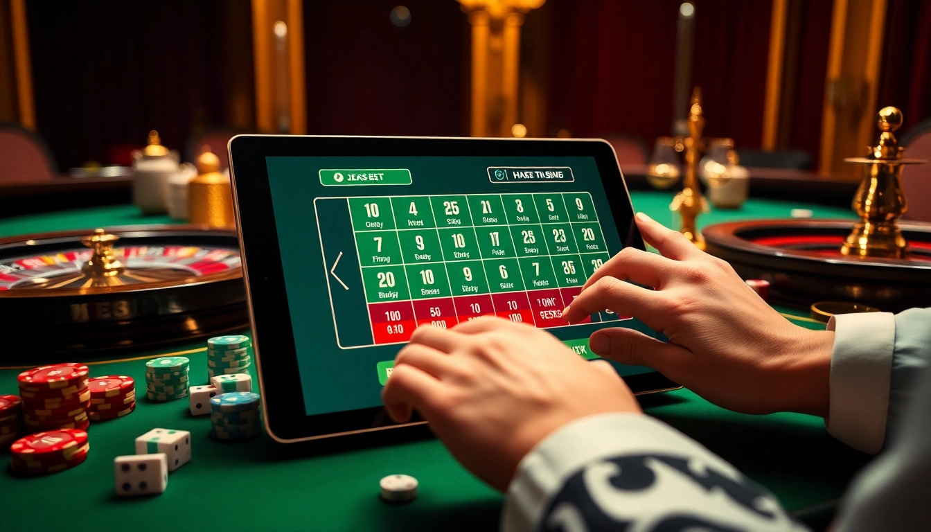 Engaging players placing bets on the luxurious online casino platform https://tt88.to/ with poker chips and a roulette wheel.