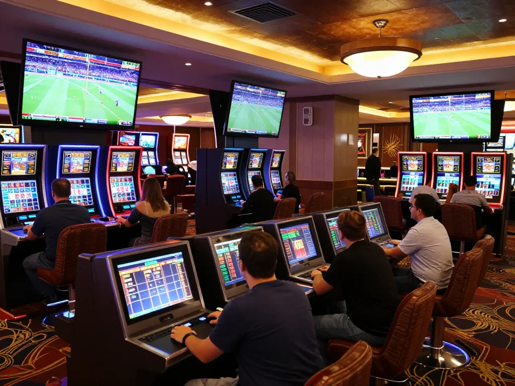 sportpoolfocus bettors analyzing odds while placing bets in an upscale sports lounge