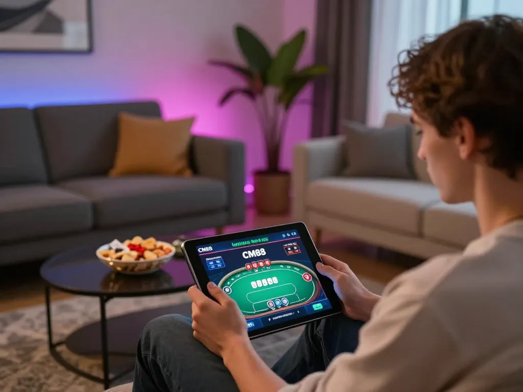 Engaging phone user plays CM88 poker, enjoying safe online gaming at home