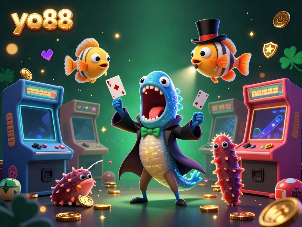 Experience thrilling magic tricks at yo88 casino with glowing game machines and dynamic sea creatures.