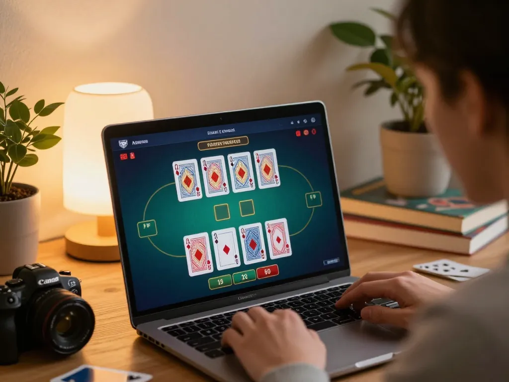 Go88 player strategizing winning moves during an online blackjack game from a cozy home setup.