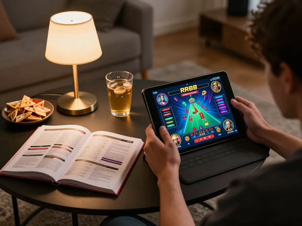 Engaging online gaming moment featuring RR88 mobile casino interface during a relaxed home session.
