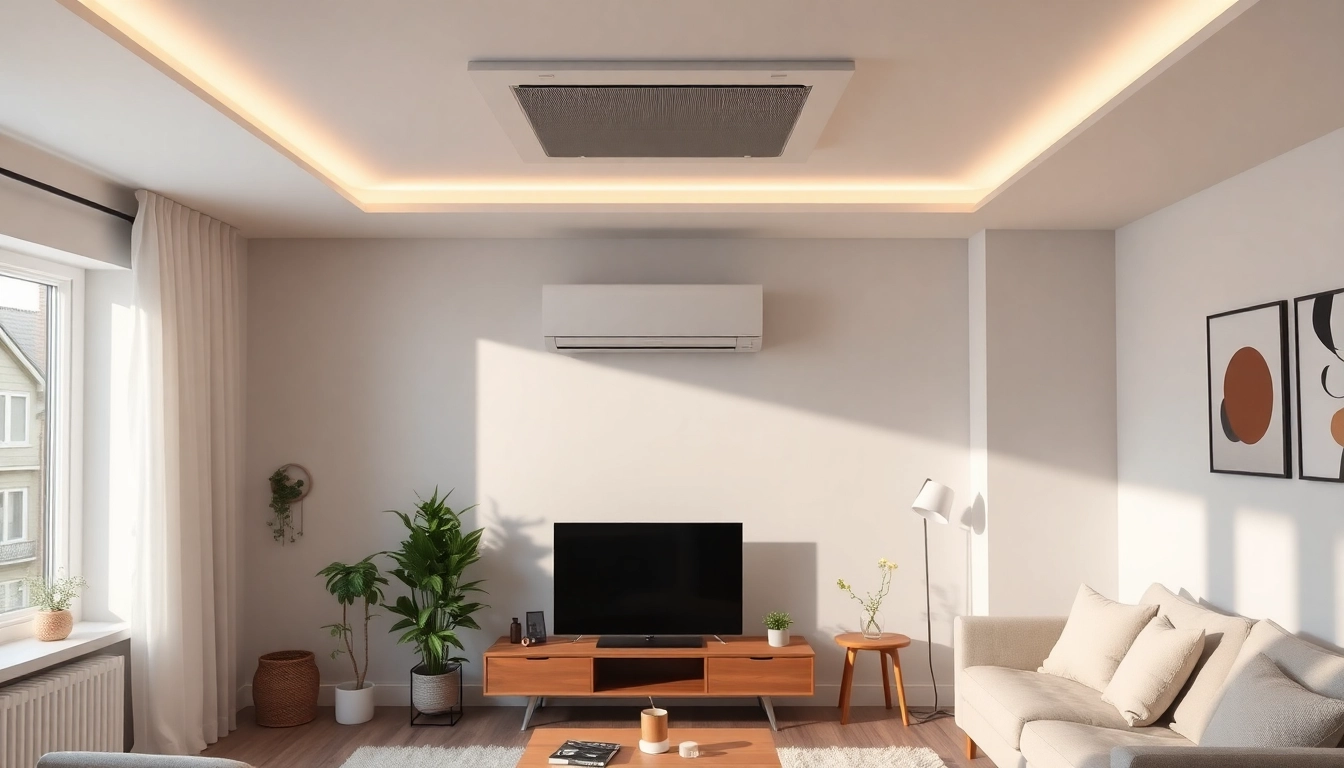Die Installation einer Klimaanlage zeigt saubere, moderne Designs und einen angenehmen Raumkomfort.