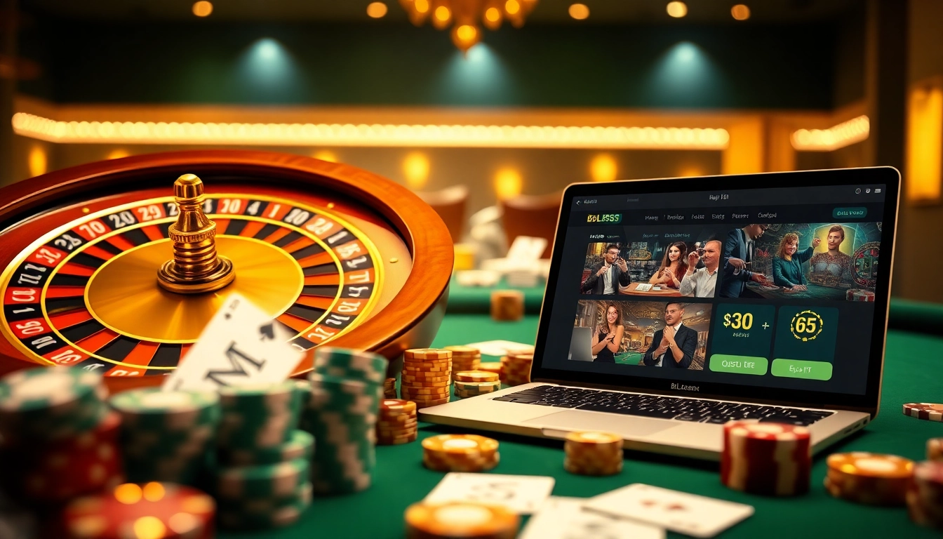A dynamic online gambling scene at Trang chủ bl555 featuring cards, chips, and a roulette wheel.