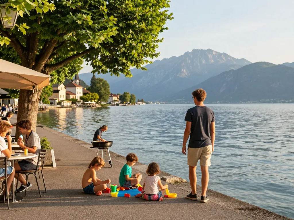 Urlaub am Gardasee mit der Familie, die am Ufer Spaß hat, malerische Ausblicke genießt und Sommeraktivitäten unternimmt.