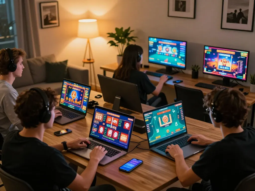 TWIN68 players enjoying immersive online games on various devices in a modern gaming setup