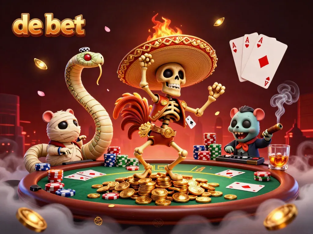 Experience the thrilling victory dance of de bet's characters amidst a vibrant casino setting full of poker excitement.