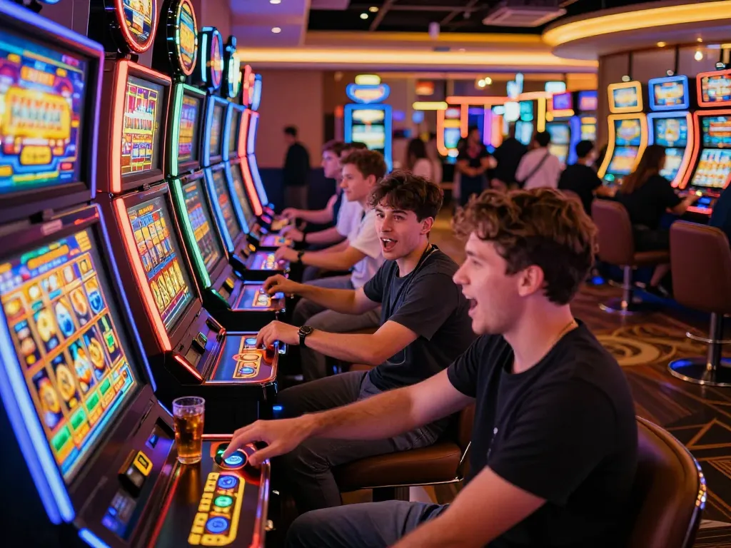 Players engaging with colorful slot machines, spinning to win in an exciting casino atmosphere.
