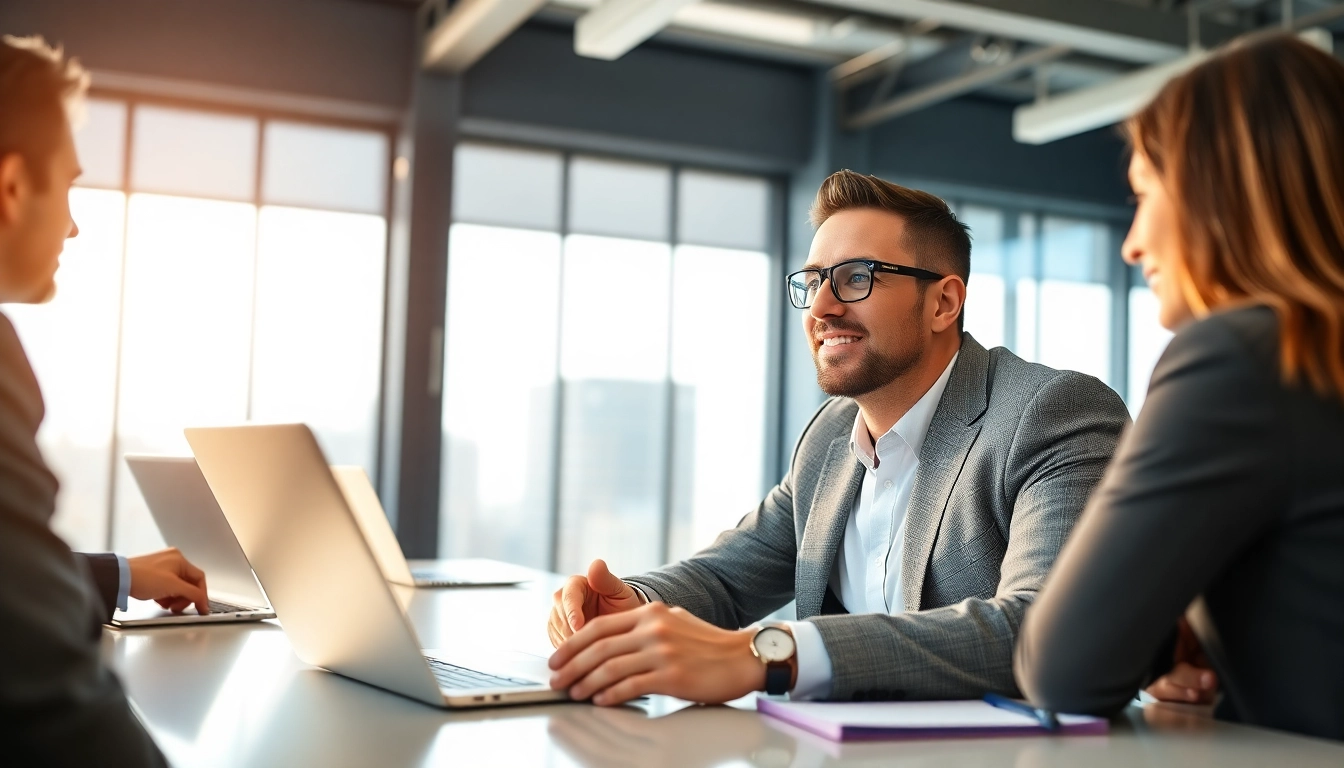 Headhunter Ingenieure im Gespräch mit Ingenieuren in einem modernen Büro.