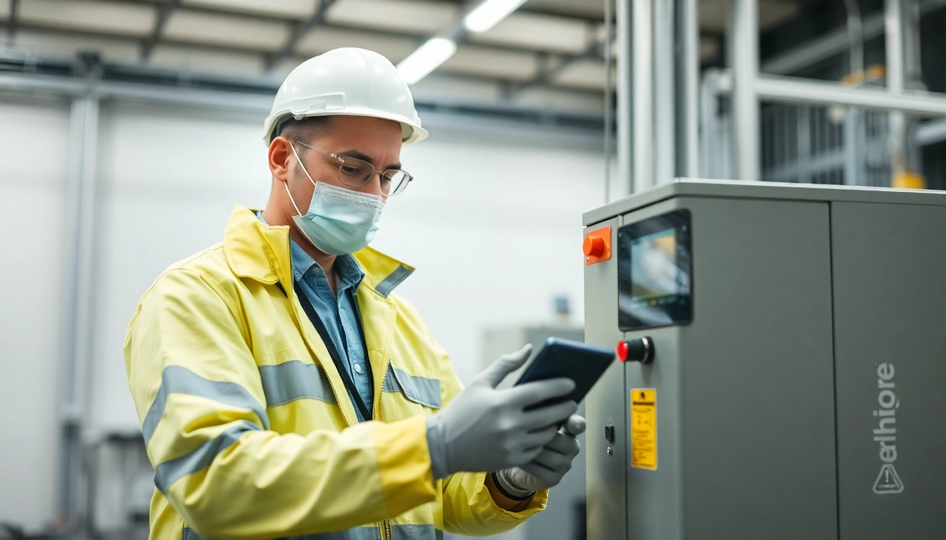 Prüfer führt eine DGUV V3 Prüfung an elektrischen Geräten im industriellen Umfeld durch, Sicherheitsfokus.