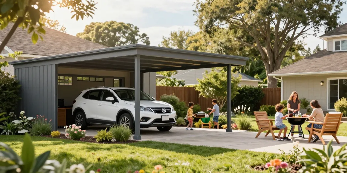 Moderner Carport mit einem Auto darunter in einem gepflegten Garten, der Familienleben und Außenaktivitäten zeigt.