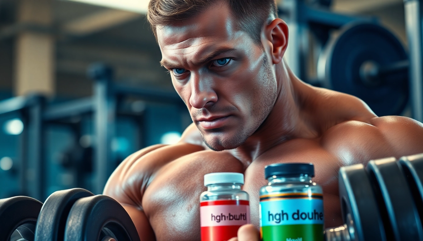 HGH kaufen für Fitnesssteigerung, beeindruckender Bodybuilder in einem modernen Fitnessstudio.