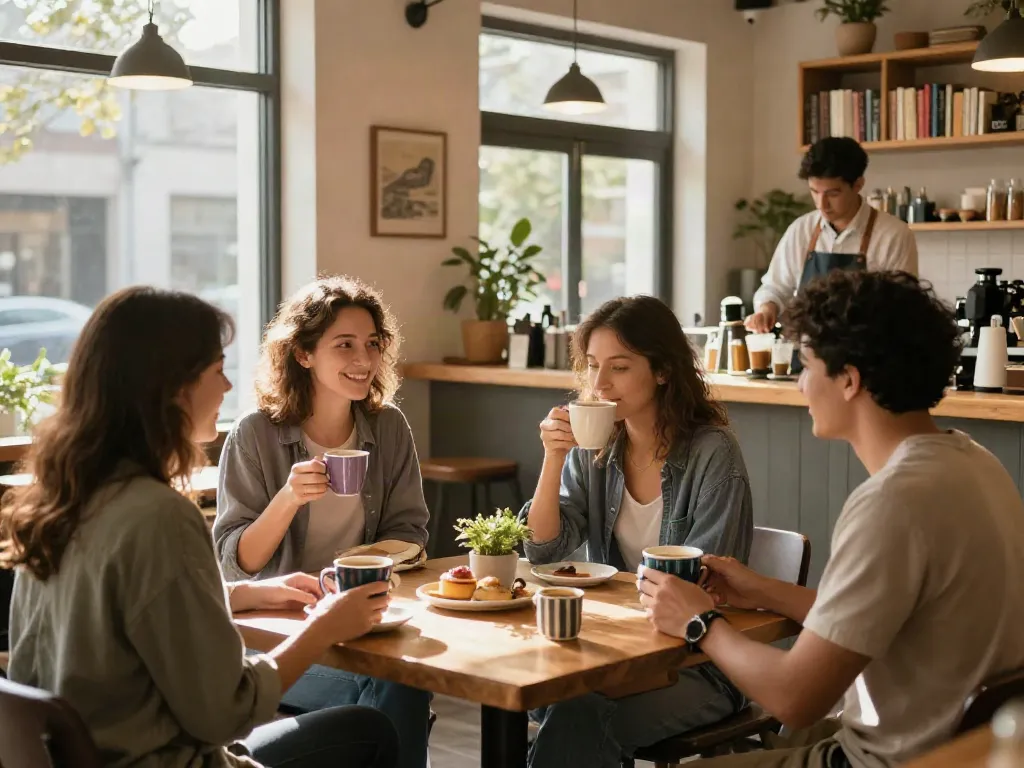 Group enjoying coffee at a café featuring rokok88 super ambiance